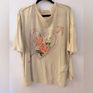 Free People Cream Short Sleeve Tee with Heart and Rose Design